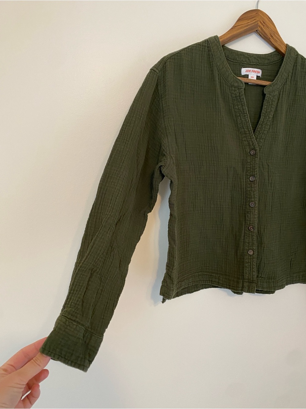 Olive Green Button-Front Gauze Blouse - Picture 5 of 9